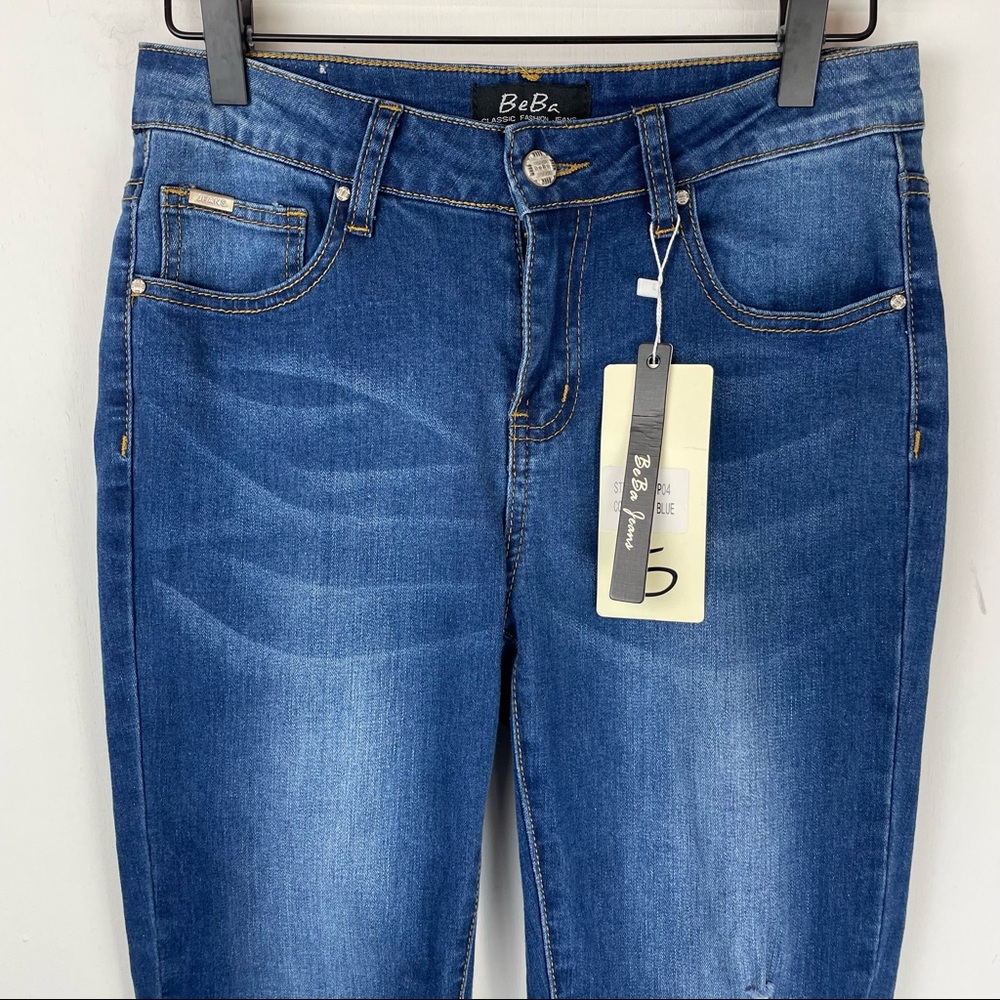 Nwt Beba Blue Dark Wash Skinny Jeans Sz 4 Distressed Raw Hem View 4